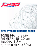 Сетка строительная Momoi Fishing Хамелеон леска, толщина 0,30 мм, ячея 20 мм, высота 1,8 м, длина 60 м