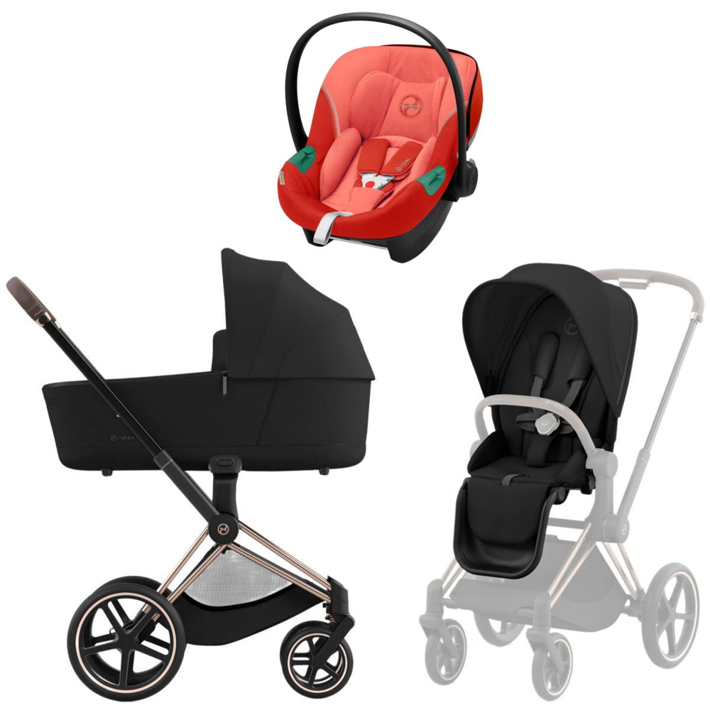 Коляска 3 в 1 Cybex Priam IV Rosegold complete и автокресло Aton S2 i-Size Hibiscus Red Sepia Black