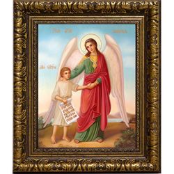 Ангел Хранитель с душой человека. Икона на холсте.