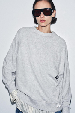 ZARA ФУТБОЛКА ОВЕРСАЙЗ С ДЛИННЫМИ РУКАВАМИ, СЕРЫЙ МЕЛАНЖ