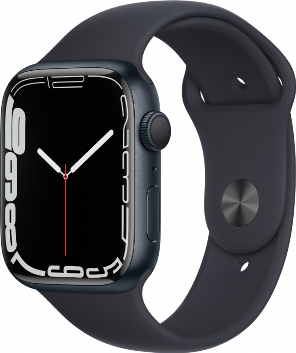 Apple Watch Series 7 45 мм, корпус из алюминия цвета «тёмная ночь», спортивный ремешок «тёмная ночь