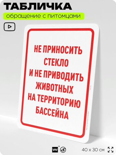 Табличка "Не приносите стекло и не приводите животных на территорию бассейна" на дверь и забор, для двора, дома, подъезда, 40х30 см, Silver Plane x Айдентика Технолоджи