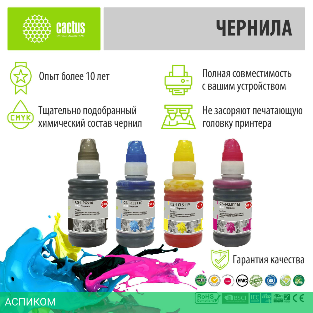 Чернила Cactus CS-I-PG510-CL511M/C/Y многоцветный
