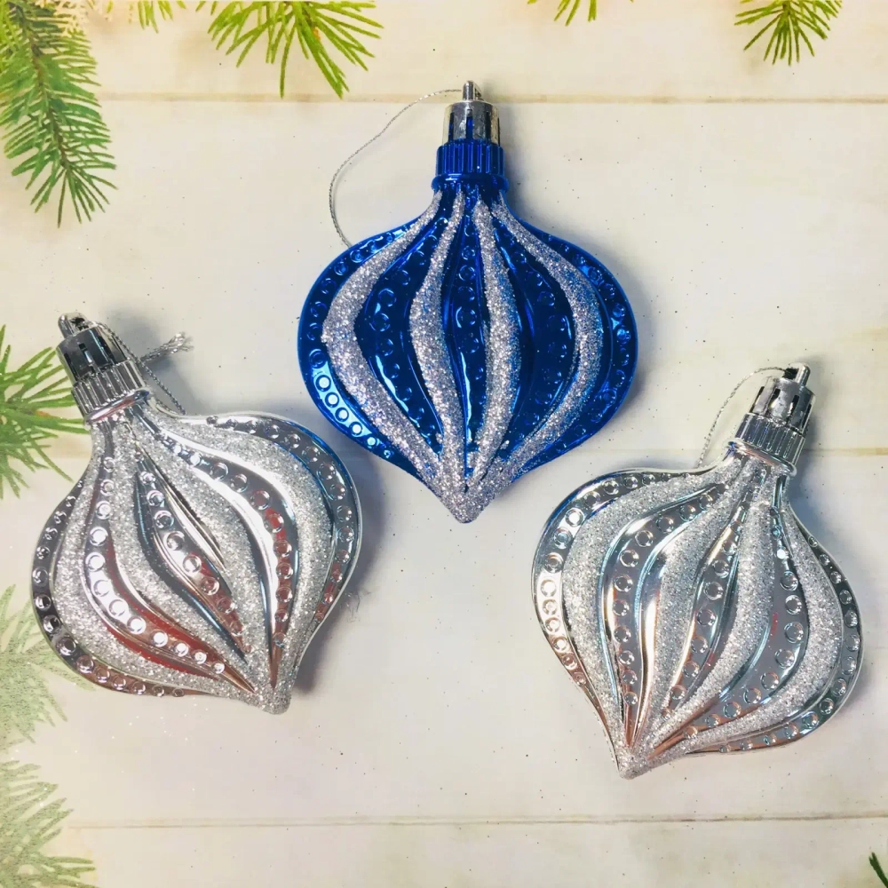 Ёлочные игрушки «Капельки» 8,5 см (набор 3 шт), серебро, синий