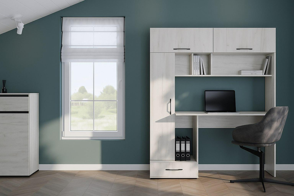 Стол компьютерный с ящиками и полками Дуб Крафт белый 150х57х180 см