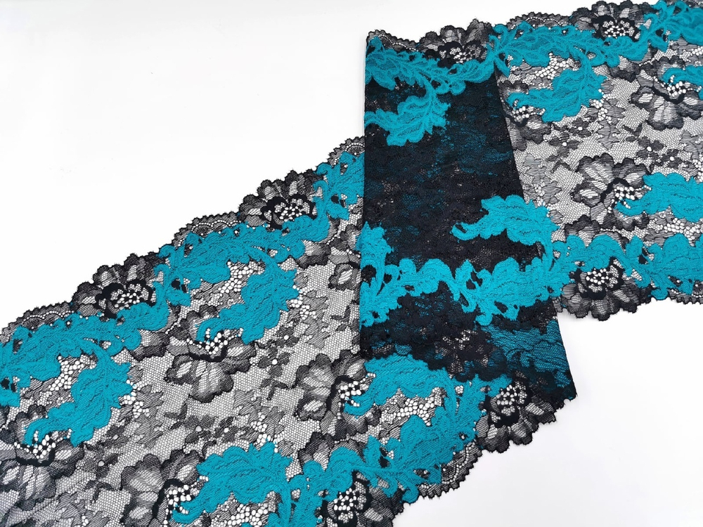 Эластичное кружево, 24см, черное и яркая бирюза, (Арт: EK-2612), м