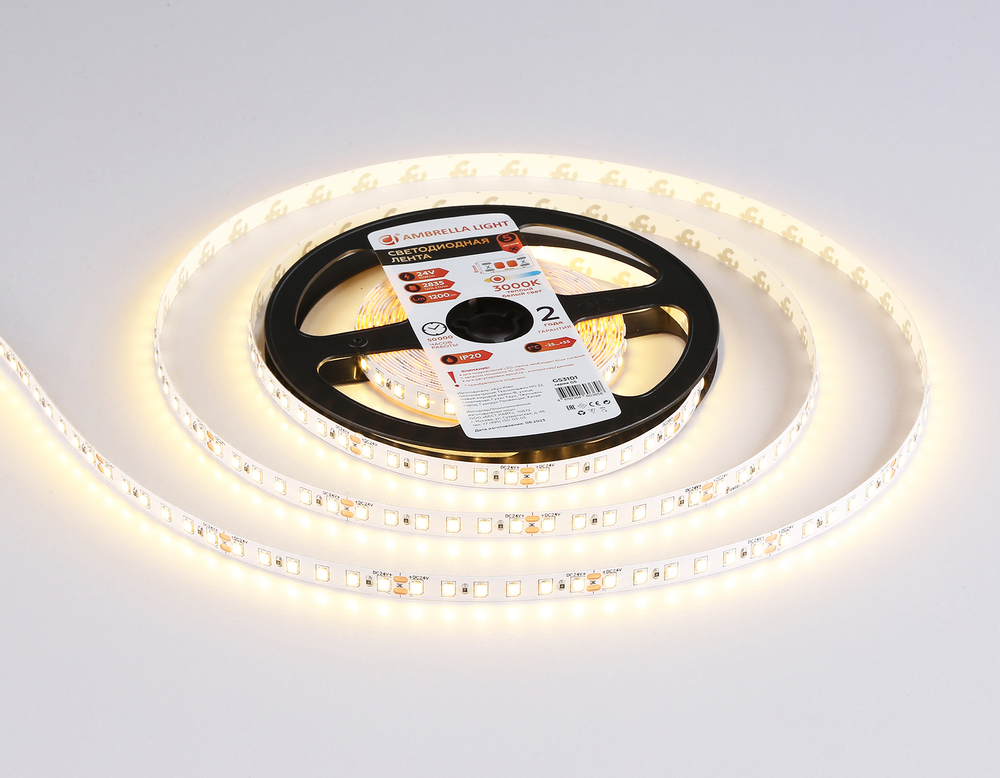 Светодиодная лента GS3101 2835 120Led/ 10W m/ 24V IP20 3000K/ 5000*8*1.2mm/ кратность резки 50mm (2 конт.)