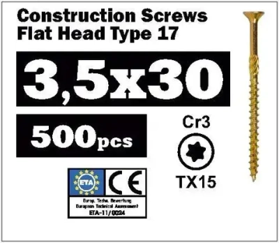 Конструкционный саморез по дереву 3,5х30 потай, TX15, (500 шт)