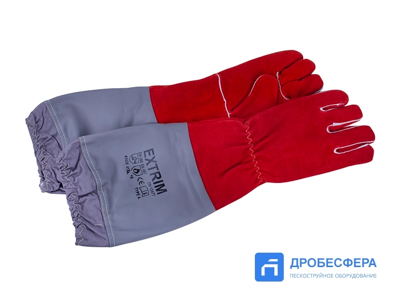 Перчатки пескоструйщика (кожа, полиэстер), красно-серые, длинные арт. EXT red/grey long
