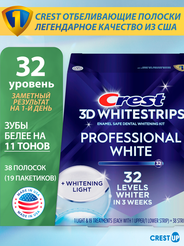 Отбеливающие полоски для зубов Crest 3D Whitestrips Professional White Plus LED Light с лампой, полный курс 19 дней