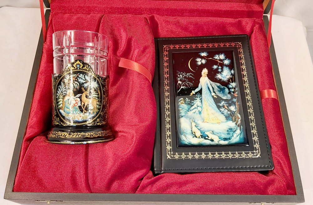 Коллекционный чайный набор с ежедневником "Снегурочка" (Ручная роспись Палех) в фуляре