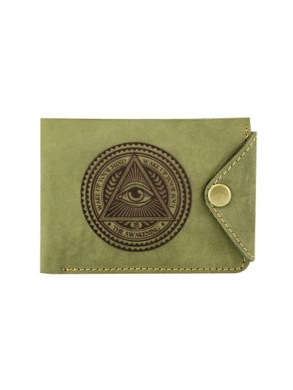Фото компактного портмоне Всевидящее Око из зеленого нубука, в сложенном виде.