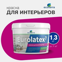 Краска ВД-АК 2180 Ecoterra Eurolatex 7, интерьерная ,для стен и потолков, матовая, быстросохнущая, белоснежная, 1,3кг