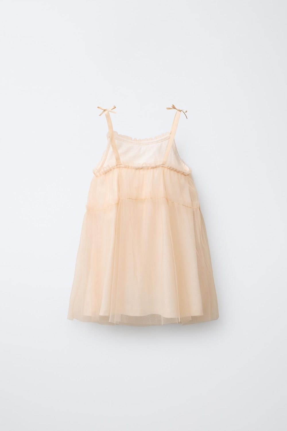 ZARA ПЛАТЬЕ ИЗ ПОЛУПРОЗРАЧНОЙ ТКАНИ С БАНТАМИ, ЭКРЮ