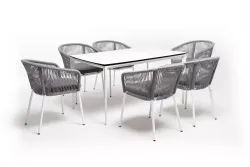 "Малага" обеденная группа на 6 персон со стульями "Марсель", каркас белый, роуп светло-серый