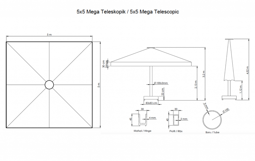 Зонт профессиональный 5х5 м Theumbrela Semsiye Evi Mega Telescopic