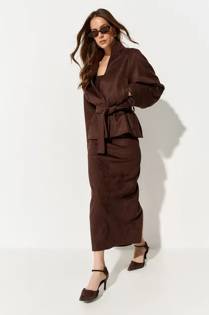 Куртка из экозамши с воротником стойкой цвета шоколад