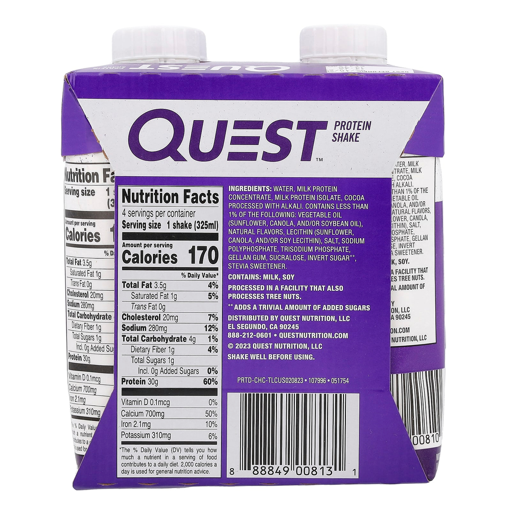 Quest Nutrition, Протеиновый коктейль, шоколад, 4 коктейля, 325 мл (11 жидк. унц.)