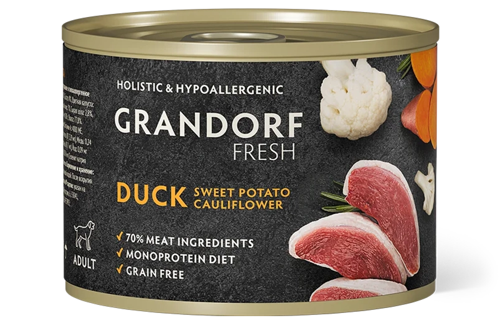 Grandorf Fresh Монопротеиновые консервы из утки с бататом и цветной капустой для собак всех пород