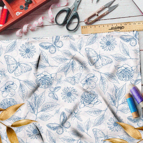 Ткань штапель эскиз синих цветов, листьев и бабочек