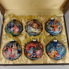 Сувенирный набор из 6-ти коллекционных ёлочных шаров " Сказки" с ручной росписью Палех