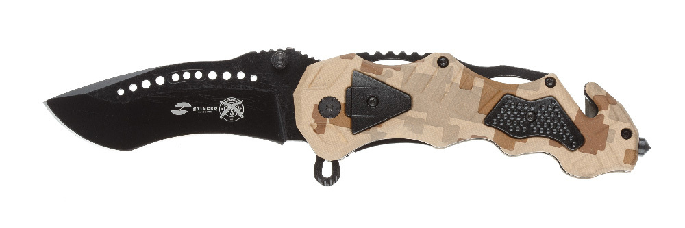 Мужской брутальный стальной складной нож с клинком 100 мм и алюминиевой рукояткой песочный камуфляж Stinger FK-014X в подарочной коробке с чехлом