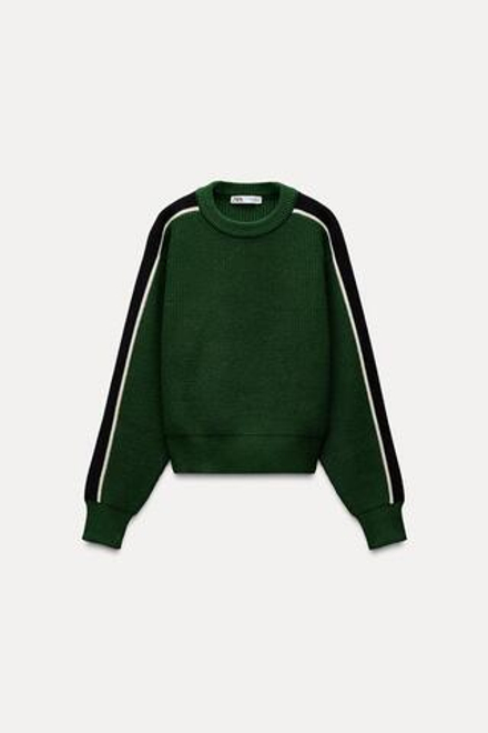 ZARA СВИТЕР С ПОЛОСАМИ ПО БОКАМ, ЗЕЛЕНЫЙ