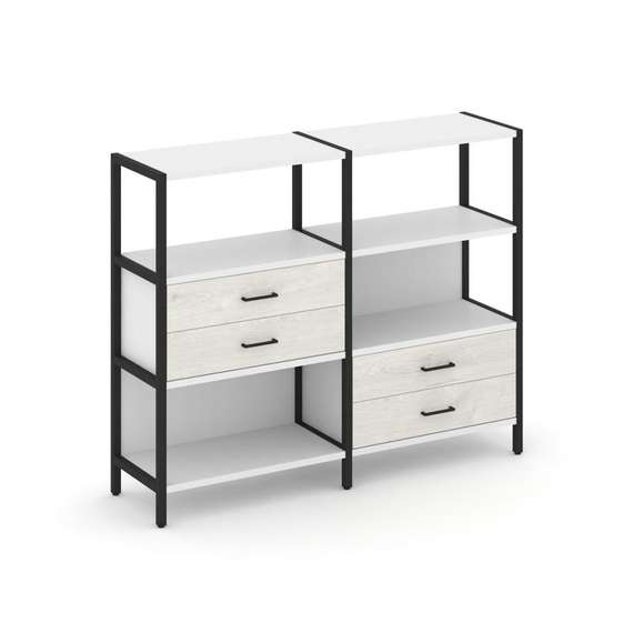 Shelf System Двухсекционный стеллаж трехярусный с ящиками SN.STM-323 Белый/Дуб Наварра/Металл Черный