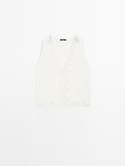 Massimo Dutti Блуза из струящейся ткани с отделкой кружевом, натуральный, кремовый