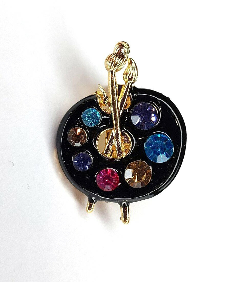 Брошка, брошь " Палитра художника". Эмаль, стразы. Цвет черный