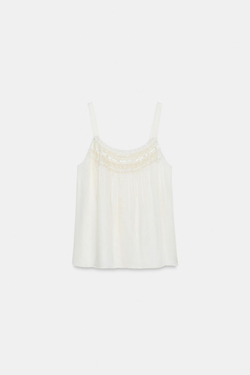 ZARA АТЛАСНЫЙ ТОП С КРУЖЕВОМ — ZW COLLECTION, ЖЕЛТОВАТО-БЕЛЫЙ