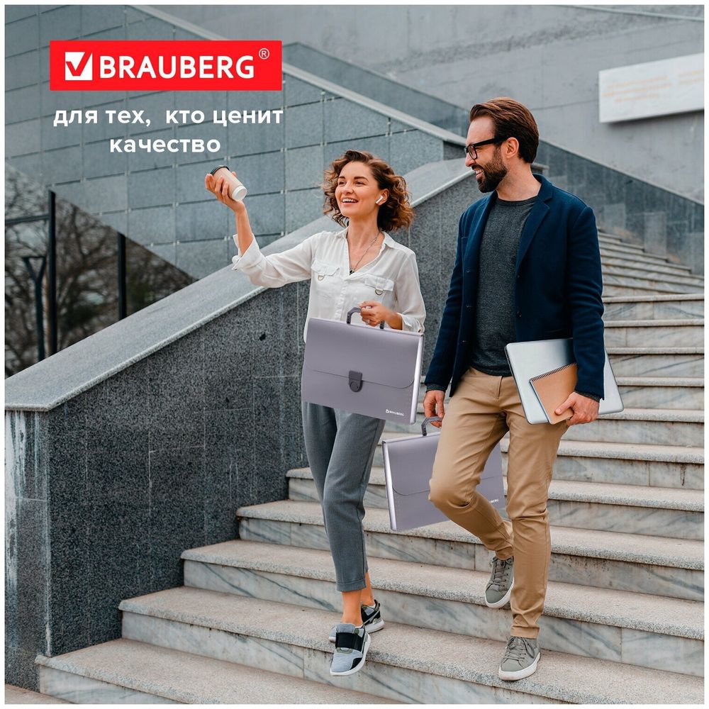Папка-портфель пластиковая BRAUBERG "ПРОЕКТ", А4 (330х240х35 мм), 13 отделений, серый, РОССИЯ, 226027