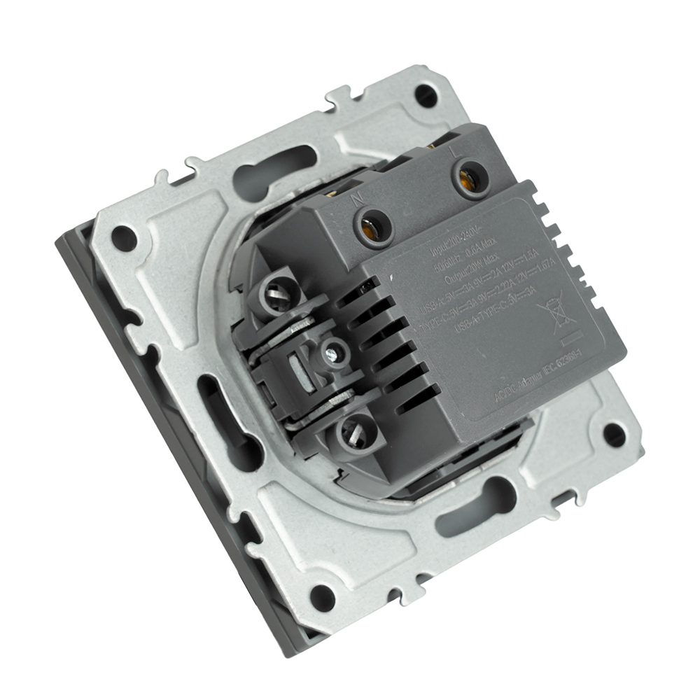 Розетка 2-местная USB + Type C (механизм), STEKKER, 250В, 20W, серия Эмили, RST10-5115-10, платиново-серый, soft touch 49957