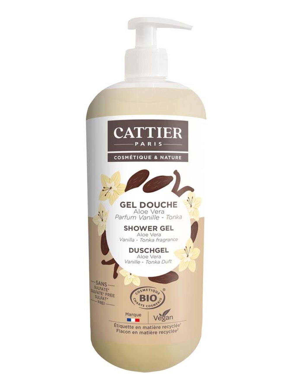 Гель для душа Cattier с ароматом алоэ вера, ванили и бобов тонка., 1000 мл