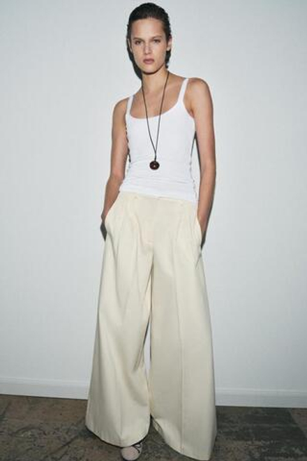 ZARA БРЮКИ WIDE-LEG С ЗАЩИПАМИ — ZW COLLECTION, ЭКРЮ