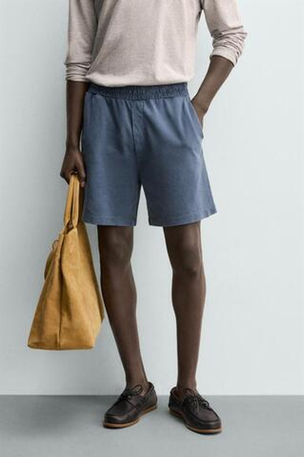 ZARA ШОРТЫ ИЗ ХЛОПКОВОГО ПИКЕ REGULAR FIT С ЭФФЕКТОМ ПОТЕРТОСТИ, СИНИЙ