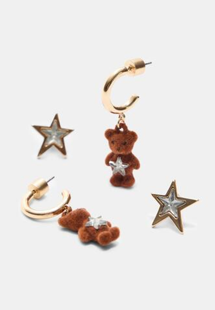 STRADIVARIUS Комплект из 2 пар серег в виде медведей и звезд, коричневый