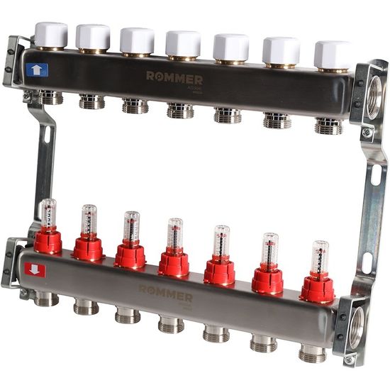 Коллектор Rommer 1"x3/4" на 7 контуров с расходомерами (нерж. сталь) RMS-1200-000007