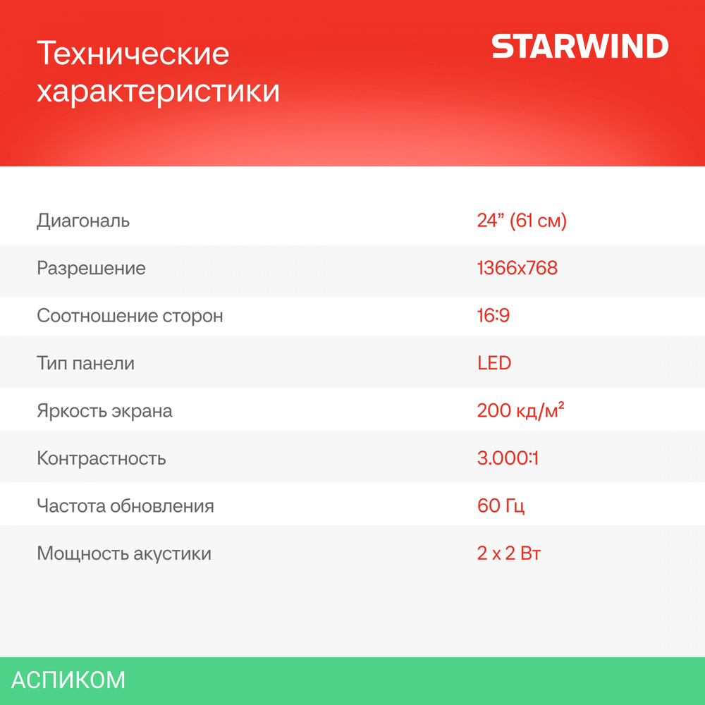 Телевизор LED Starwind 24" SW-LED24SG304