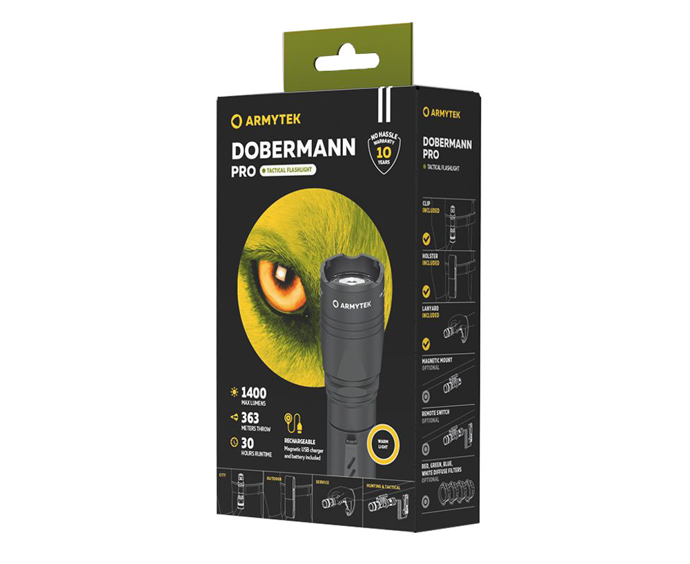 Фонарь светодиодный тактический Armytek Dobermann Pro Magnet USB, 1400 лм, теплый свет, аккумулятор