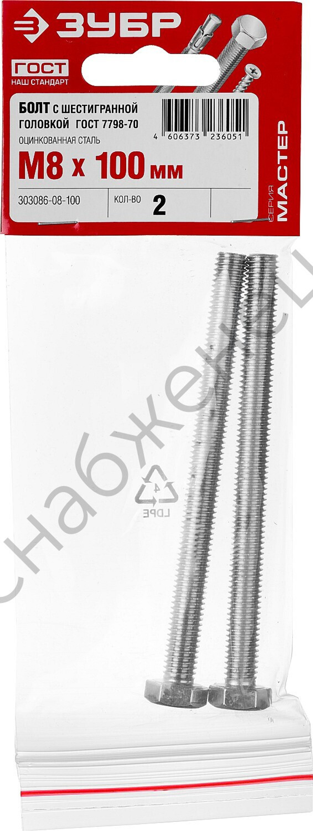 ЗУБР ГОСТ 7798-70, M8 x 100 мм, кл. пр. 5.8, болт оцинкованный, 2 шт (303086-08-100)