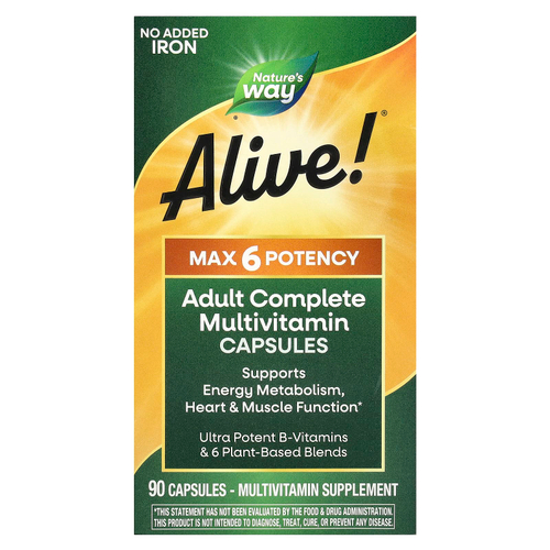 Nature's Way, Alive! Max6 Potency, мультивитамины повышенной эффективности, без добавления железа, 90 капсул