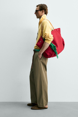 ZARA X AARON LEVINE СУМКА-ШОПЕР С КОЖАНЫМИ ДЕТАЛЯМИ, КРАСНЫЙ