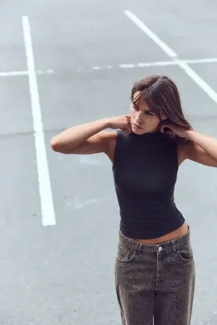ZARA ТОП ИЗ ХЛОПКА МОДАЛА, ЧЕРНЫЙ