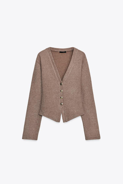 ZARA МЯГКИЙ КАРДИГАН НА ПУГОВИЦАХ, КОРИЧНЕВЫЙ МЕЛАНЖ