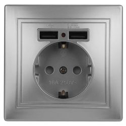Розетка Intro Plano 1-410-03 с заземлением 2P+E Schuko со шторками 16А-250В + 2хUSB 5В-2 1А IP20 СУ алюминий | Intro Plano Алюминий
