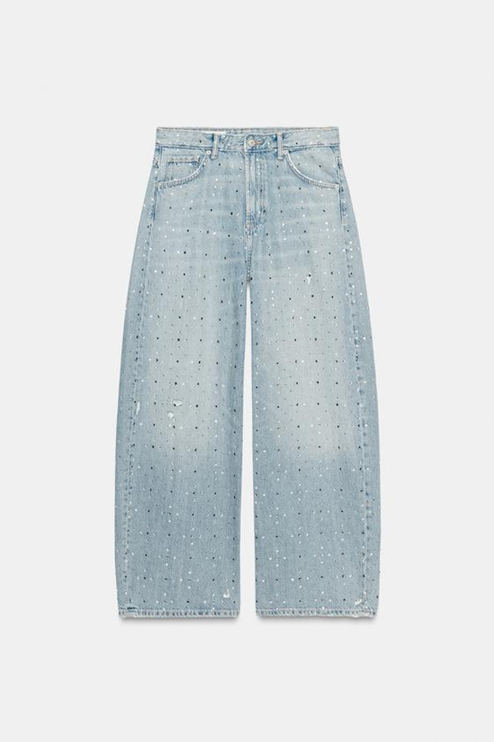ZARA ДЖИНСЫ TRF BAGGY СО СТРАЗАМИ И ДРАГОЦЕННЫМИ КАМНЯМИ, ТЕМНО-СИНИЙ
