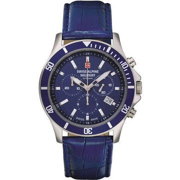 С ремешком Мужские наручные часы с синим кожаным ремешком Swiss Alpine Military 7022.9535 chronograph 42mm 10ATM