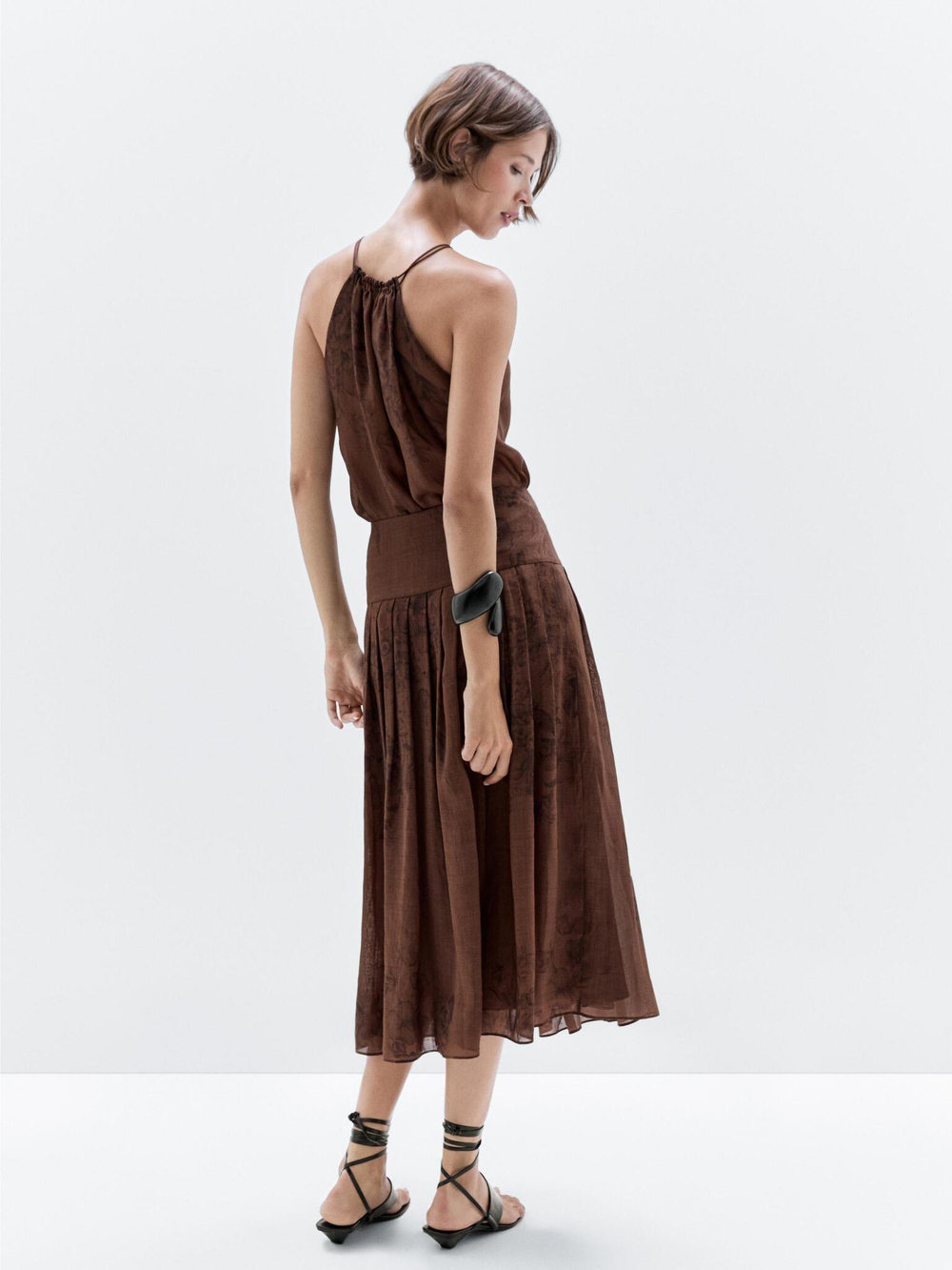 Massimo Dutti Юбка миди А-силуэта с цветочным принтом, шоколадный