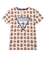 Футболка GUESS Белый/Принт: мишки, баночки с медом/Термопринт: бело-синий треугольник-логотип (Мальчик)